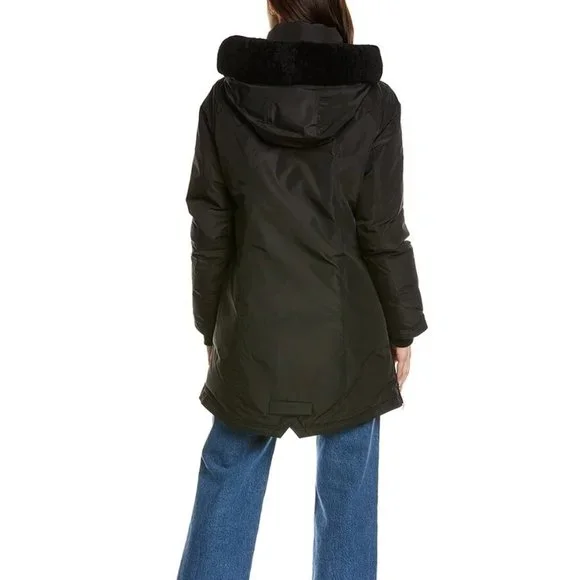 NB Series Nicole Benisti CLAREMONT Shearling Trim Down Parka Coat Black LRG NWT